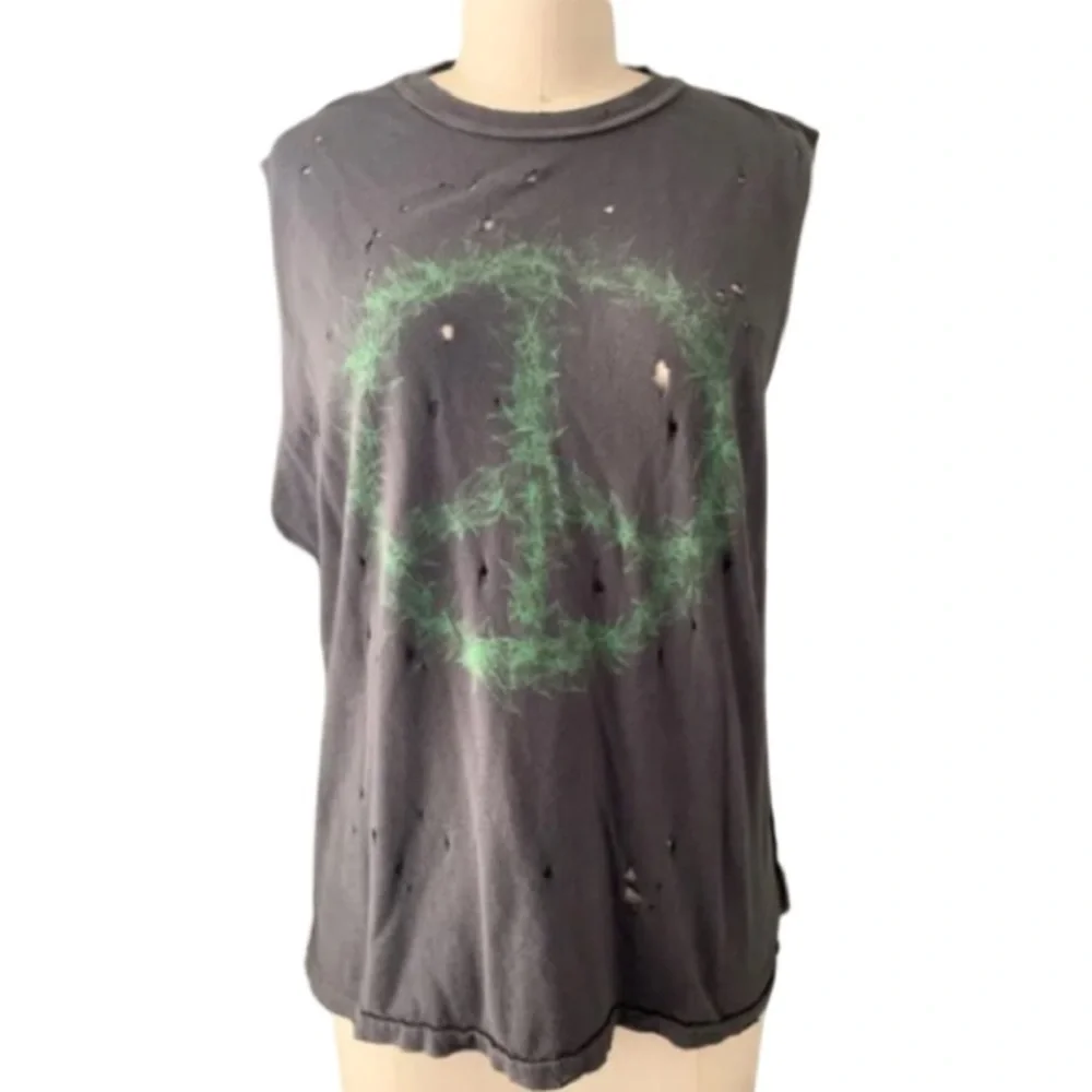 UNIF Whimsical Black & Green Weed Peace Sign Relaxed Distressed Sleeveless Shirt - Picture 2 of 6